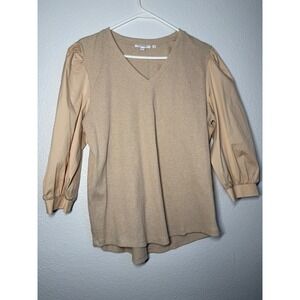 Chicos Tan Ribbed Knit V-Neck Top Mixed Media Puff Sleeve Smocked Cuff XL 3